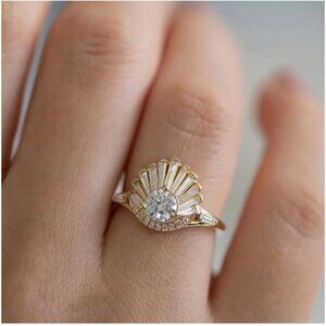 NEW Gold Tone Art Deco Ring - Vintage looking Rhinestone accents - 8